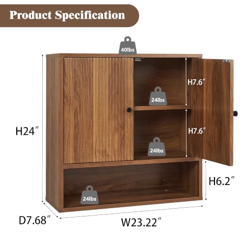 Wall Cabinet with Fluted Double Doors - 3-Tier Wall Storage for Bathroom & Kitchen - Variation of Wall Cabinet