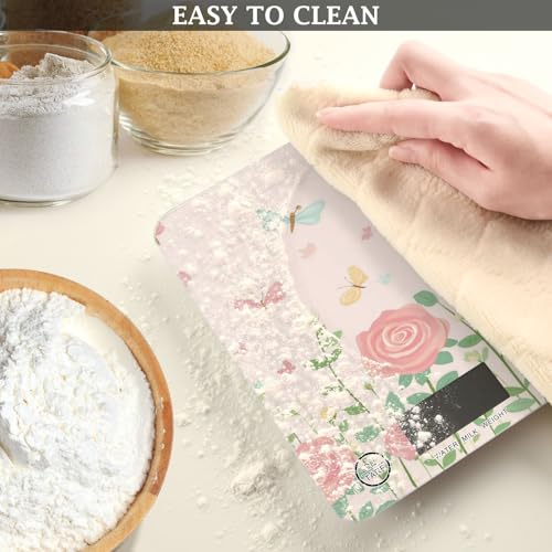 QwThum Food Scale Kitchen Digital Scale Food Ounces and Grams Dieting Baking Cooking Waterproof Glass Panels LCD Display,4 Units Scale Tare Function Pink Roses and Dragonfly Butterfly