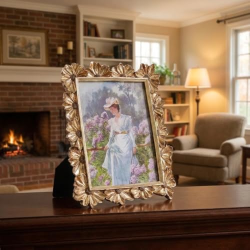 Gold 5x7 Floral Vintage Picture Frame with Enamel Finish - Tabletop & Wall Mount