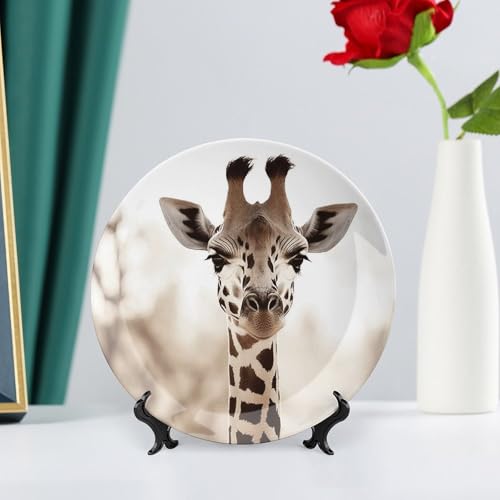 8 Inch Giraffe Ceramic Decorative Plate with Stand - Bone China Home Decor
