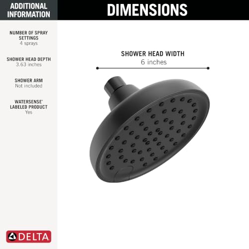 Delta 6-Inch Round Shower Head Matte Black 4-Setting, 2.5 GPM