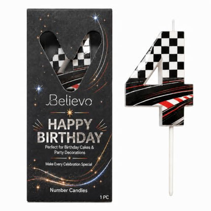 Black White Racing Car Themed Number 4 Birthday Candle - Cake Topper