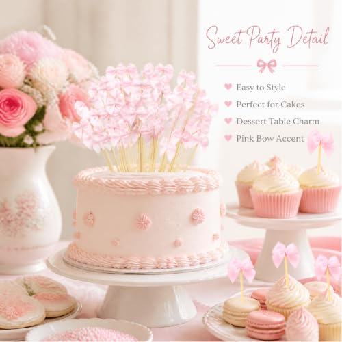 Pink Bow Cocktail Picks Set of 200 for Appetizers & Desserts