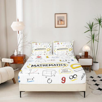 Math Formula Kids Fitted Sheet Queen Size - Beige Yellow Variation