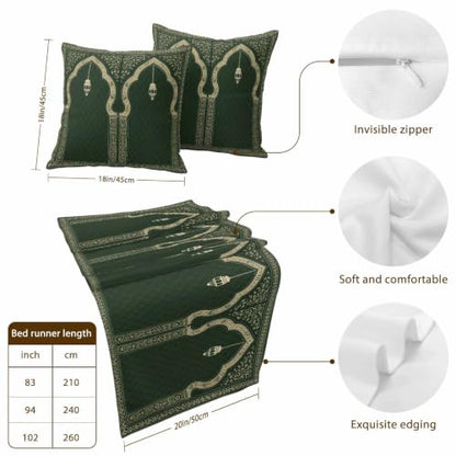 83x20 Inch Forest Green Bed Runner & Pillow Cover Set for Queen Size Bed, Boho Ethnic Decor