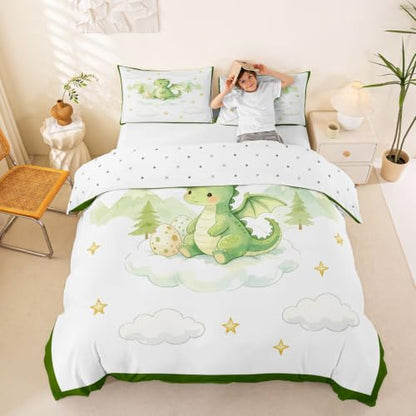 Castle Fairy Cute Dragon Duvet Cover Set Twin Watercolor Kids Bedding with Pillowcase - White Green