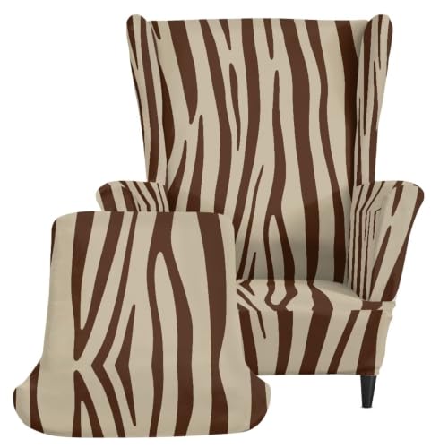 Brown Zebra Print Wingback Chair Slipcover Set of 2 - Non Slip, Stain & Pet Resistant