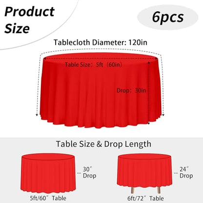 Red Round Tablecloth 120 Inch - Polyester Cover for Dining & Party Events - 6 Pack