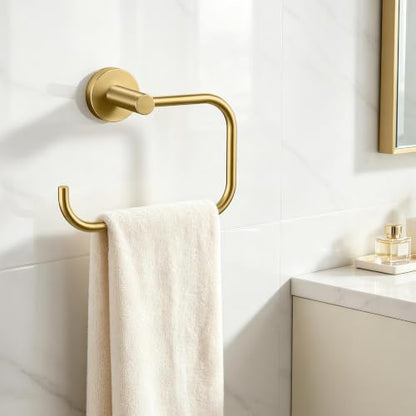 Hand Towel Holder with 180° Swivel Square Ring - Gold
