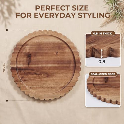 Solid Acacia Wood Decorative Tray - 12 Inch Round Scalloped Centerpiece