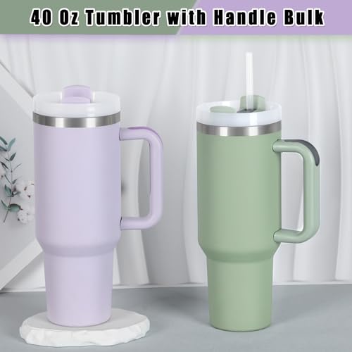 40 Oz Stainless Steel Tumbler with Handle and Straw - Bulk Pack, Color Variation Cream