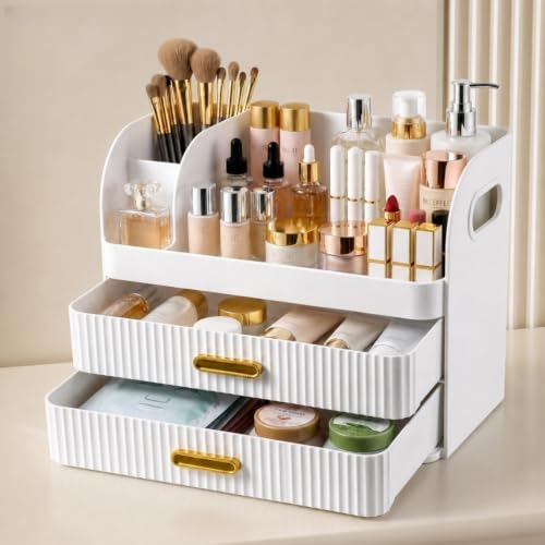 Makeup Organizer with Drawers and Brush Holder - Large White Vanity Storage