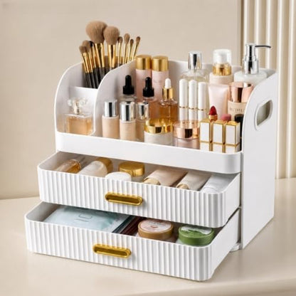Makeup Organizer with Drawers and Brush Holder - Large White Vanity Storage