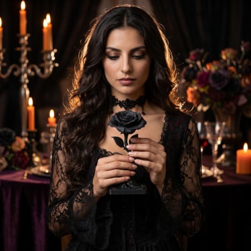 Gothic Black Resin Rose Sculpture with Skeleton Key - Dark Home Decor