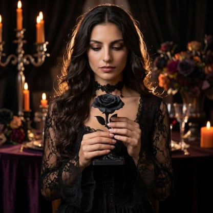 Gothic Black Resin Rose Sculpture with Skeleton Key - Dark Home Decor