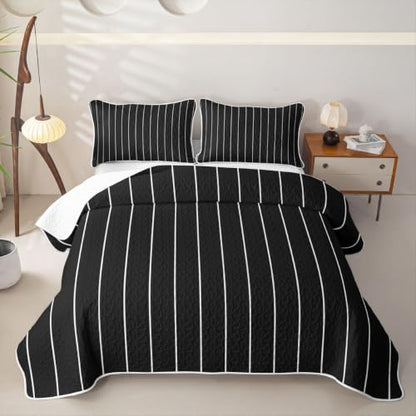 Queen Black & White Geometric Quilt Set - Modern Farmhouse Bedspread with Lines