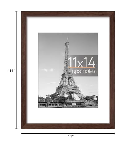 upsimples 11x14 Picture Frame, Display Pictures 8x10 with Mat or 11 x 14 Without, Wall Hanging Photo Frames, Brown, 1 Pack
