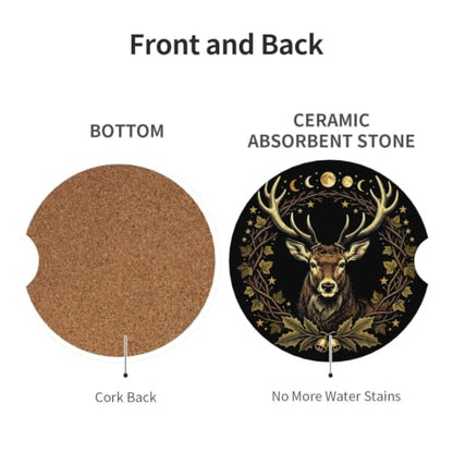 RIWOBI Deer Moon Car Coasters for Cup Holders - Blue Absorbent Ceramic Set