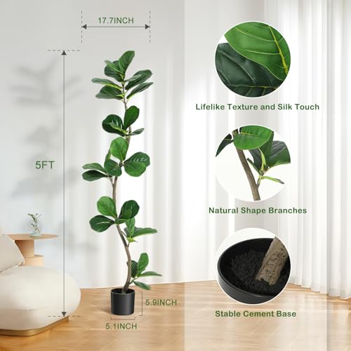 GarveeHome Artificial Fiddle Leaf Fig Tree - 5 ft Fake Plant with Black Nursery Planter, Large Fake Tree for Home or Office Decor - Artificial Plants Indoor Outdoor, Housewarming Gift