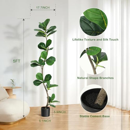 GarveeHome Artificial Fiddle Leaf Fig Tree - 5 ft Fake Plant with Black Nursery Planter, Large Fake Tree for Home or Office Decor - Artificial Plants Indoor Outdoor, Housewarming Gift