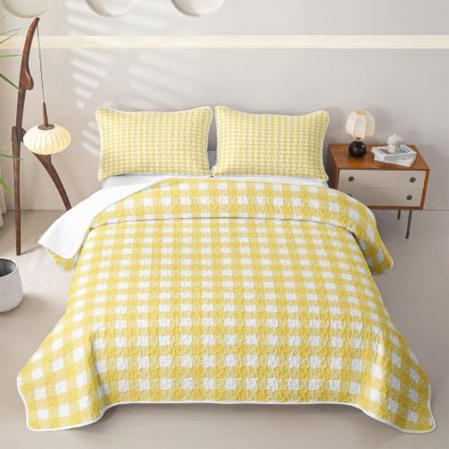 Yellow White Checkered Kids Quilt Set Full Size Plaid Geometric Bedspread for All Seasons - Boys & Girls Bedding