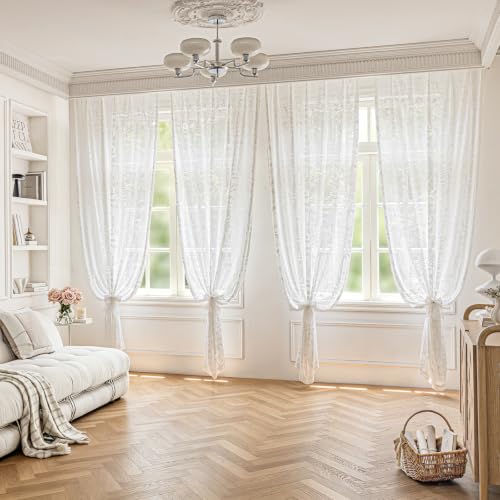 Ivory White 3D Floral Semi Sheer Curtains Set - 52W x 84L, 2 Panels, Pack of 2