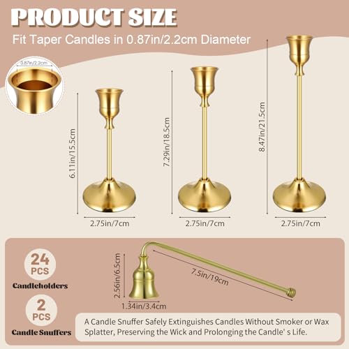 24PCS Brass Gold Taper Candle Holders Set with Candle Snuffer - Elegant Decor
