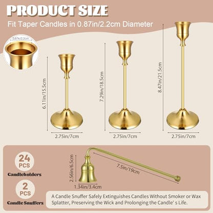 24PCS Brass Gold Taper Candle Holders Set with Candle Snuffer - Elegant Decor