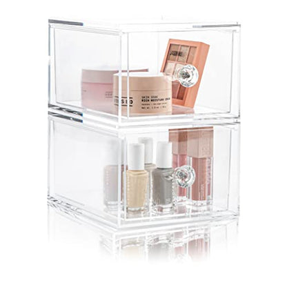 Oizeir Acrylic Drawer Organizer 2-Pack – Clear Stackable Storage Drawers for Makeup, Skincare, Vanity, Bathroom, Under Sink, Kitchen & Office – Non-Slip, Durable, Multi-Purpose Organizer Bins