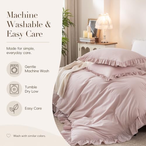 Ruffle Duvet Cover Set Queen 100% Washed Cotton Linen Feel Grayish Pink