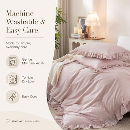 Ruffle Duvet Cover Set Queen 100% Washed Cotton Linen Feel Grayish Pink