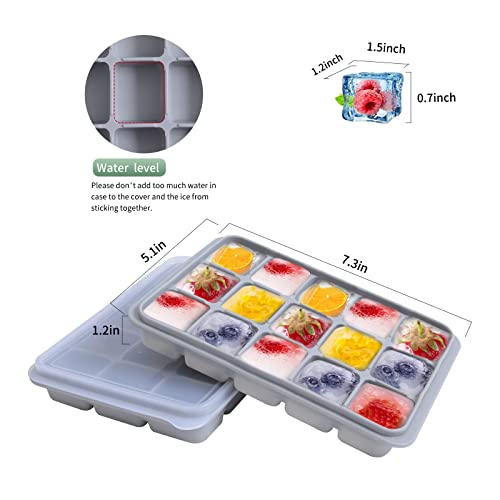 Ice Cube Trays Set of 2, Easy Release 15 Flexible Silicone Ice Cube Molds with Removable Lid Reusable Freezer Ice Trays Stackable for Whiskey, Baby Food, BPA Free (SNOW GRAY)