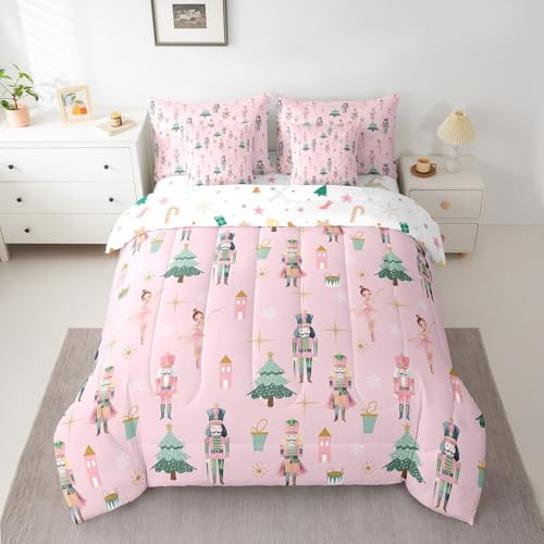 Pink Christmas Comforter Set Queen Size Kids Holiday Bed in a Bag with Variation Green Pink