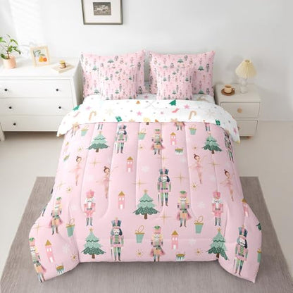 Pink Christmas Comforter Set Queen Size Kids Holiday Bed in a Bag with Variation Green Pink