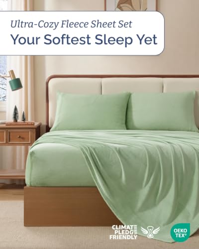 Queen Fleece Sheets Set - 4-Piece Flannel Bedding in Sage Green - Cozy & Deep Pocket