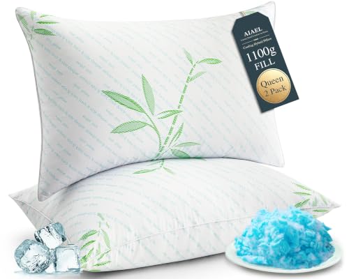Queen Size Hybrid Cooling Bed Pillows Set of 2 - White, Breathable Bamboo Cover