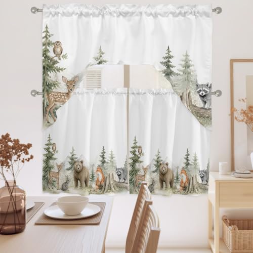 Forest Green Bear Deer Fox Rabbit 3-Piece Swag Kitchen Curtain Set - Rustic Animal Window Valances & Tiers
