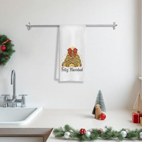 E Christmas Towels - Mexican Christmas Kitchen Towels for Taco Lovers, Red Bow Decor, 16x24 Inches