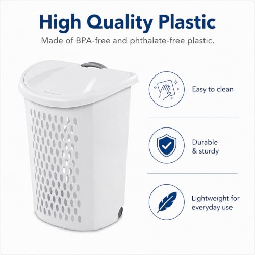 135L White Wheeled Plastic Laundry Hamper with Lid - Large Capacity, Portable