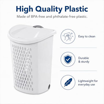 135L White Wheeled Plastic Laundry Hamper with Lid - Large Capacity, Portable