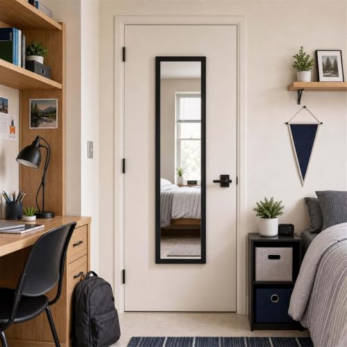 Over The Door Full Length Mirror - Black, Slim Rectangular Wall Mirror for Bedroom & Dorm