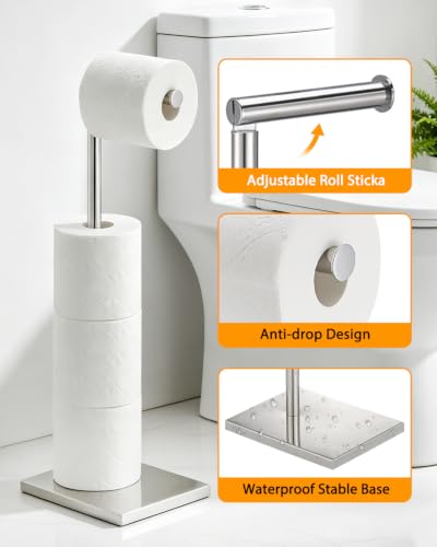 Chrome Toilet Paper Holder Stand with 4 Roll Storage - Free Standing Bathroom Organizer