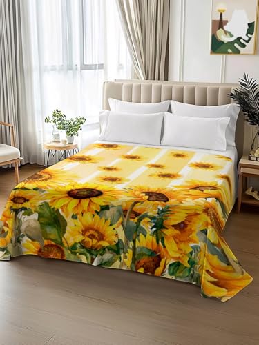 Summer Sunflower Yellow Stripe Flat Sheet Twin XL Microfiber Bedding - Breathable & Soft