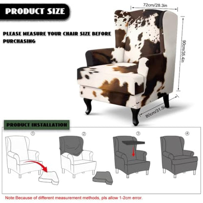 Brown Cow Print Wingback Chair & Ottoman Cover Set - Stretchy Furniture Protector