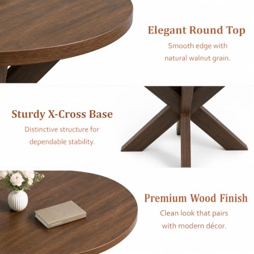 47-Inch Round Dining Table for 4-6 People with Walnut Finish, Wood Pedestal Base