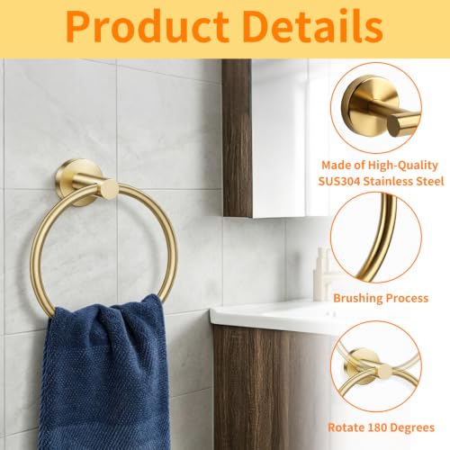 Brushed Gold Bathroom Hardware Set - Stainless Steel Wall Mount Kit with Towel Bar & Hooks