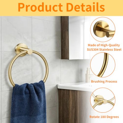 Brushed Gold Bathroom Hardware Set - Stainless Steel Wall Mount Kit with Towel Bar & Hooks