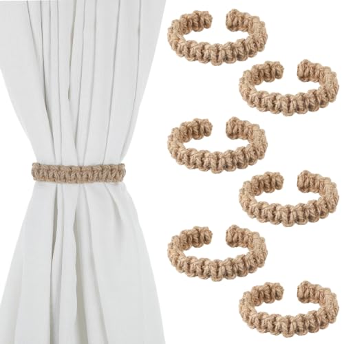 6 Pack Braided Curtain Tiebacks - Rustic Cotton Rope Holdbacks for Living Room Bedroom