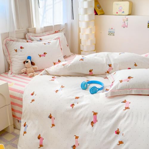 Queen Comforter Set Pink Dachshund Striped Bedding for Girls - Reversible US