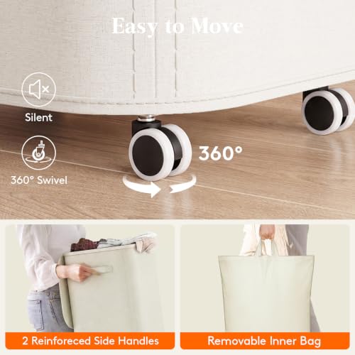 Large Laundry Basket with Wheels and Lid - 85L Capacity, White, Lifewit